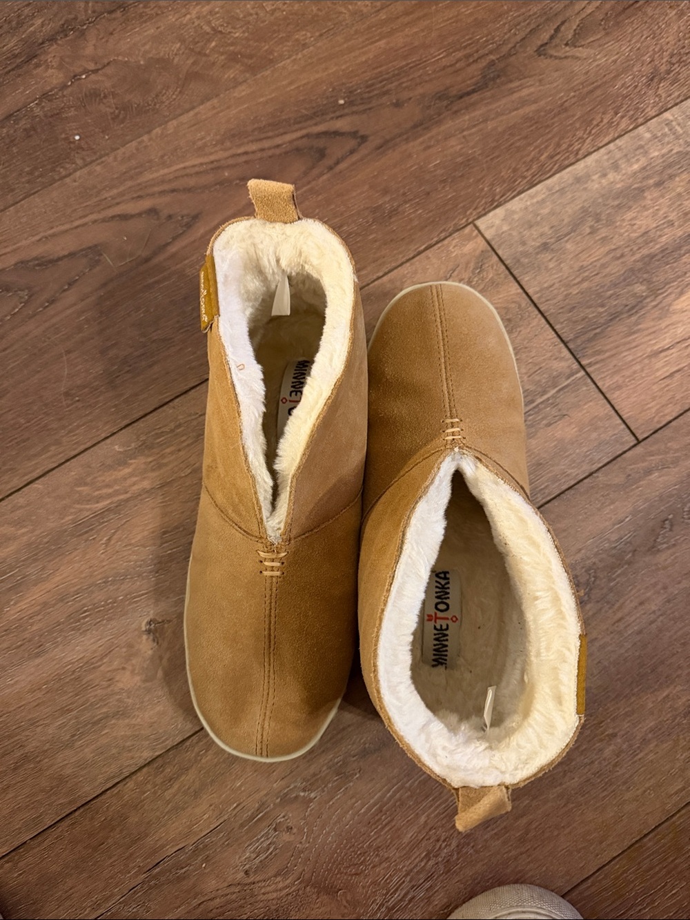 Minnetonka Tan Suede Shearling-Lined Moccasin